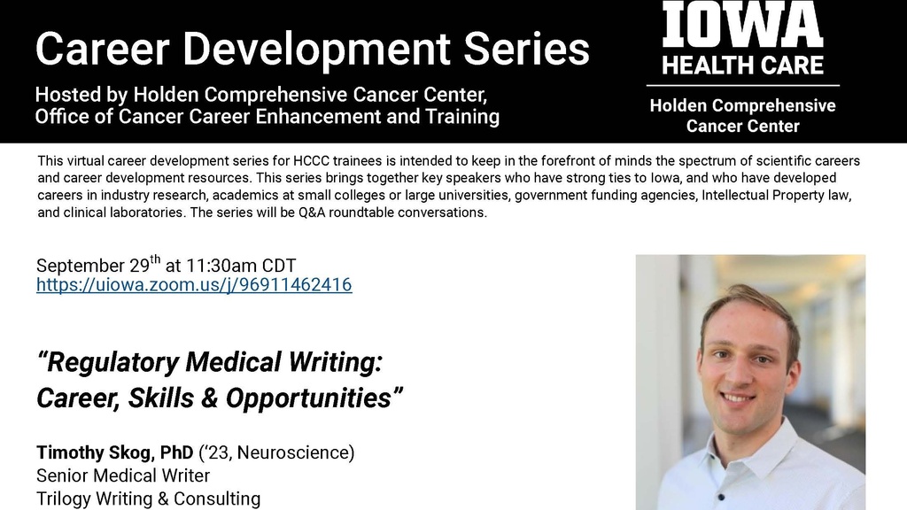 Holden Comprehensive Cancer Center Virtual Career Development Series - Neuroscience alumnus, Timothy Skog, PhD promotional image
